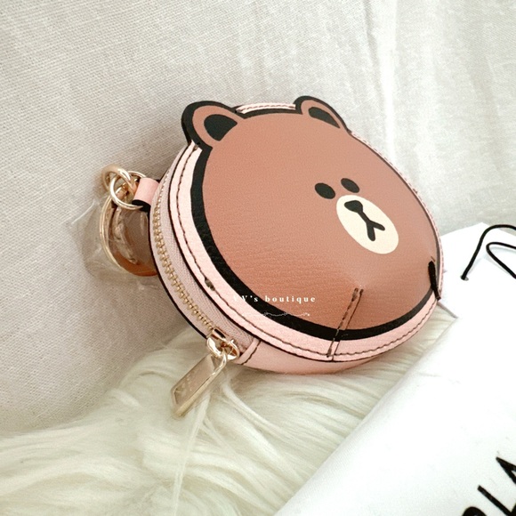 NWT Furla x LINEFRIENDS Coin Case Teddy Bear Toni Candy Rose Brown WP00045 RARE - Picture 6 of 9
